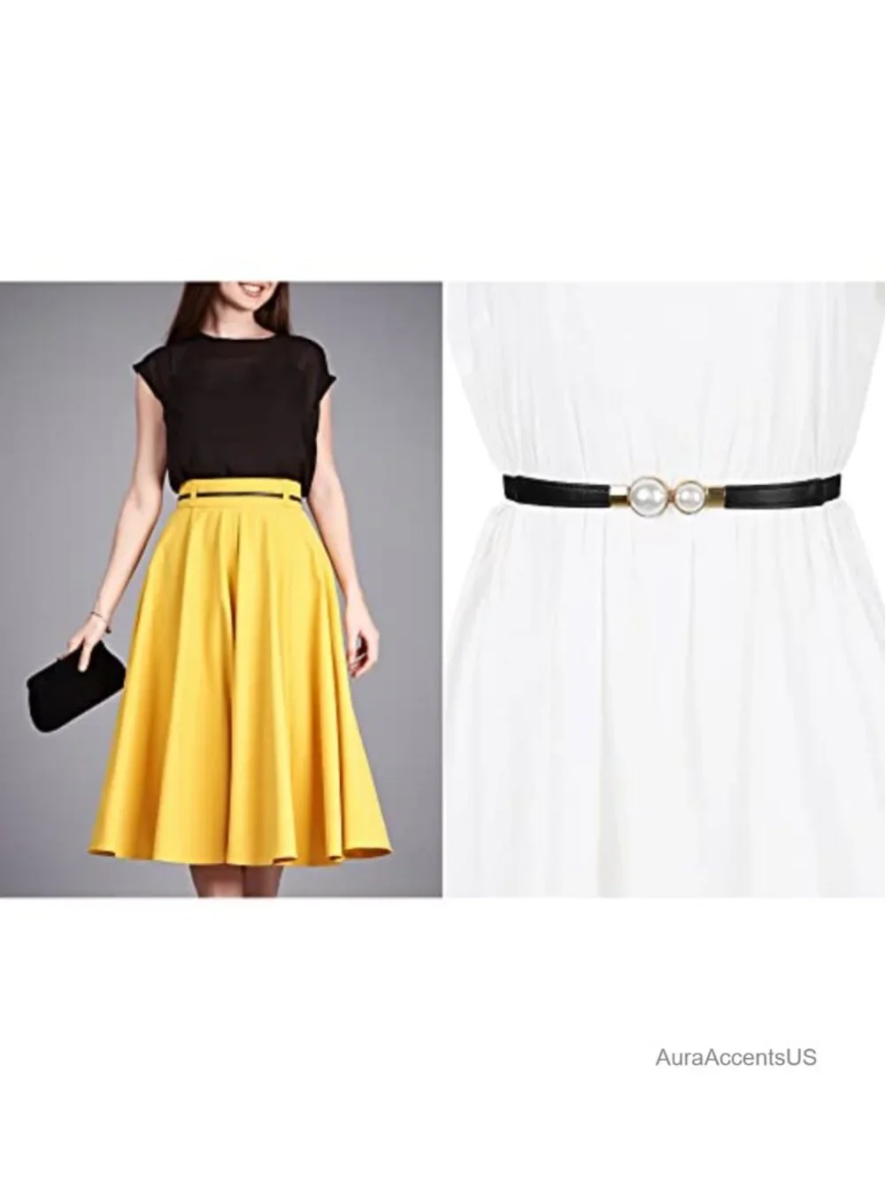 Skinny Stretchy Faux Leather Belt with Gold Pearl Buckle